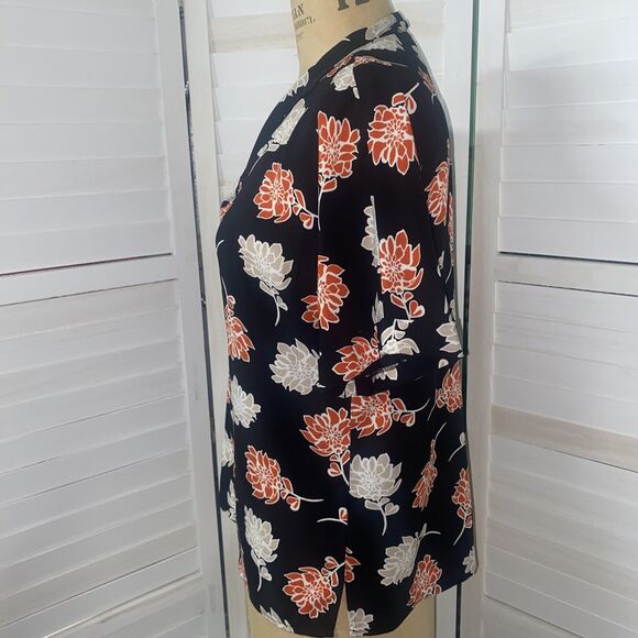 Calvin Klein Blouse P Medium Black With Coral Cream Floral Print Polyester - Picture 5 of 6